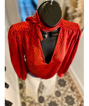 Blouse en soie rouge à pois bleus le des métaux précieux