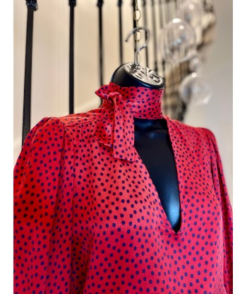 Blouse en soie rouge à pois bleus le des métaux précieux