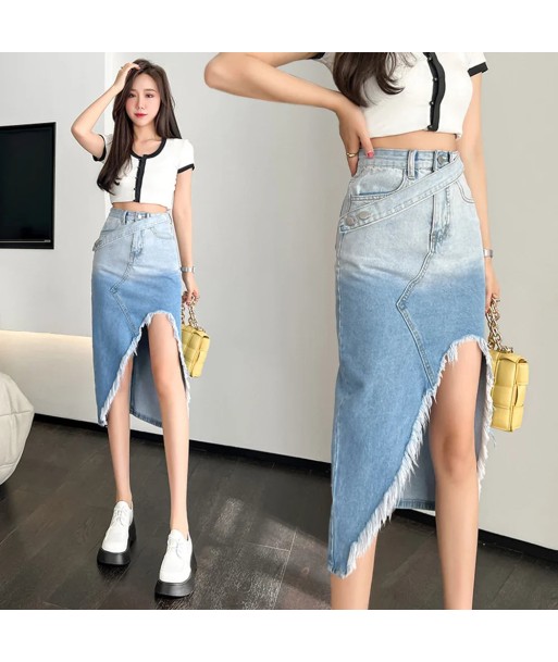 High-waisted asymmetrical denim skirt in gradient design sur le site 