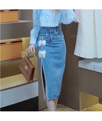 Sweet ribbon-decorated jeans midi skirt for the Gyaru style Comment ça marche