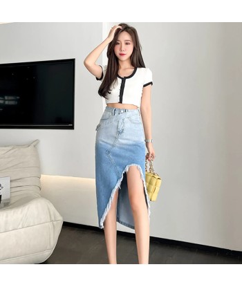 High-waisted asymmetrical denim skirt in gradient design sur le site 