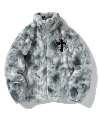 Egirl Gray Plush Jacket with Cross Design solde