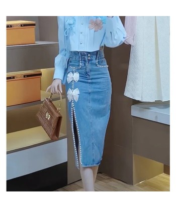 Sweet ribbon-decorated jeans midi skirt for the Gyaru style Comment ça marche