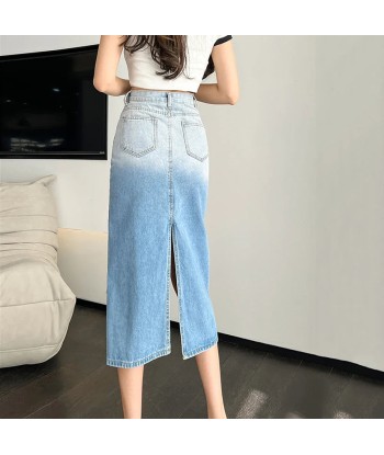 High-waisted asymmetrical denim skirt in gradient design sur le site 