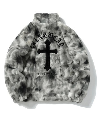 Egirl Gray Plush Jacket with Cross Design solde