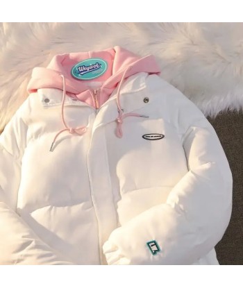 White Cotton Padded Jacket with Pink Hood de France