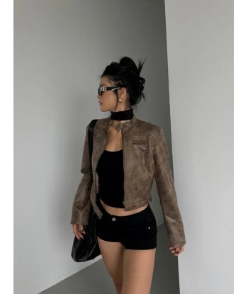 Short leather jacket in motorcycle look for grunge fashion en ligne