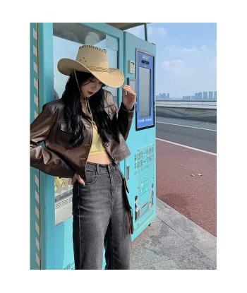 Grunge PU Leather Jacket for Women Short Motorcycle Cropped Jacket rembourrage situé sous