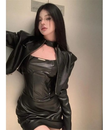 Black halter dress with leather jacket Economisez 