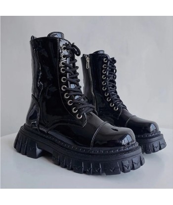 Gothic Biker Combat Boots for Women Elegant Short Shoes in Shiny Black Pour