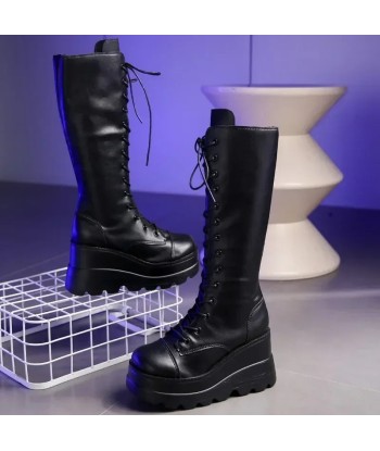 Gothic Mid-Calf Boots with Wedge Heel and Lacing Profitez des Offres !