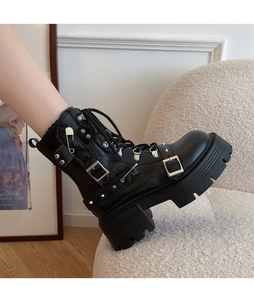 Leather Breathable Platform Boots with Zipper and Studs français