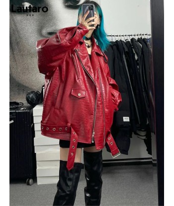 Oversized Red Shiny Crocodile Leather Biker Jacket Style basket pas cher