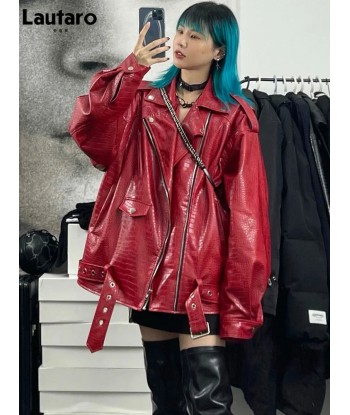 Oversized Red Shiny Crocodile Leather Biker Jacket Style basket pas cher