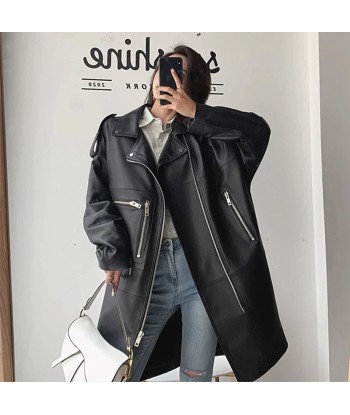 Oversized black leather biker jacket for women Casual style de France