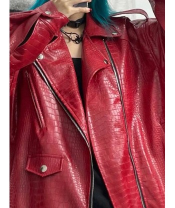 Oversized Red Shiny Crocodile Leather Biker Jacket Style basket pas cher