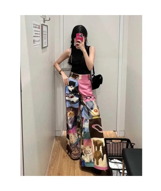 Gothic Y2K Wide Pants for Women with Cat Pattern and Colorful Print d'Europe débarque