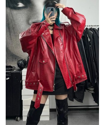 Oversized Red Shiny Crocodile Leather Biker Jacket Style basket pas cher