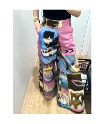 Gothic Y2K Wide Pants for Women with Cat Pattern and Colorful Print d'Europe débarque