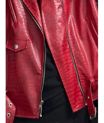 Oversized Red Shiny Crocodile Leather Biker Jacket Style basket pas cher