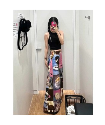 Gothic Y2K Wide Pants for Women with Cat Pattern and Colorful Print d'Europe débarque