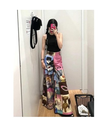 Gothic Y2K Wide Pants for Women with Cat Pattern and Colorful Print d'Europe débarque