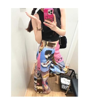 Gothic Y2K Wide Pants for Women with Cat Pattern and Colorful Print d'Europe débarque