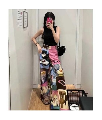 Gothic Y2K Wide Pants for Women with Cat Pattern and Colorful Print d'Europe débarque