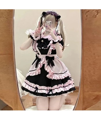 Kawaii Gothic Lolita Dress Black-Pink Maid brillant des détails fins