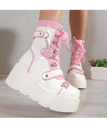 Gothic lolita Sweet Platform Lace-Up Boots in White and Pink meilleur choix