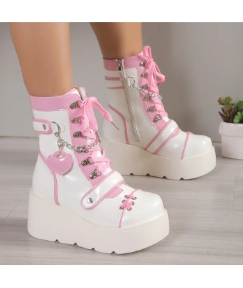 Gothic lolita Sweet Platform Lace-Up Boots in White and Pink meilleur choix