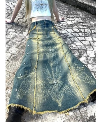 Y2K Oversized Denim Skirt with Print & Studs for Women de pas cher