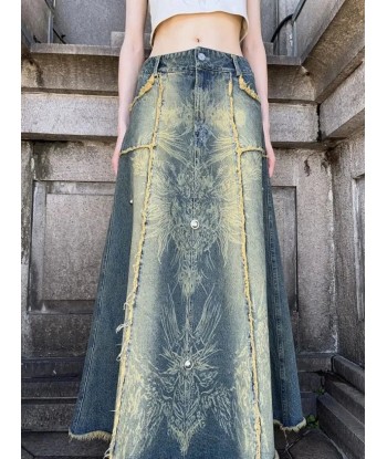 Y2K Oversized Denim Skirt with Print & Studs for Women de pas cher