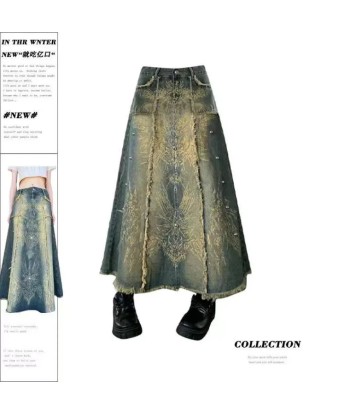 Y2K Oversized Denim Skirt with Print & Studs for Women de pas cher