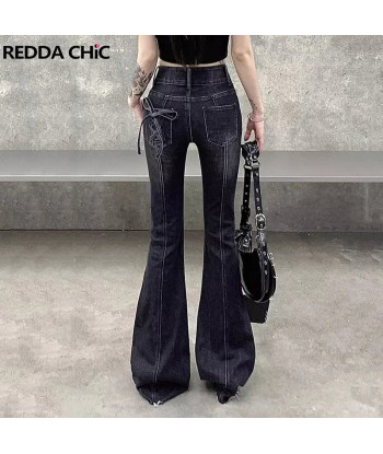 Gothic Flared Jeans with Bows and Raw Edge Hem pas cheres