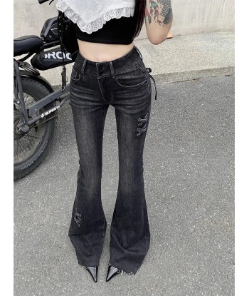 Gothic Flared Jeans with Bows and Raw Edge Hem pas cheres