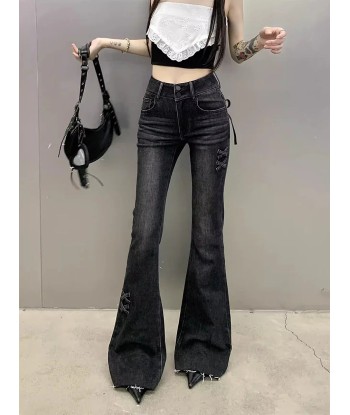 Gothic Flared Jeans with Bows and Raw Edge Hem pas cheres