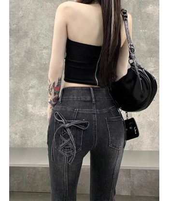 Gothic Flared Jeans with Bows and Raw Edge Hem pas cheres