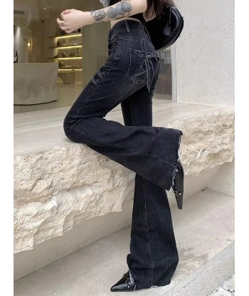 Gothic Flared Jeans with Bows and Raw Edge Hem pas cheres