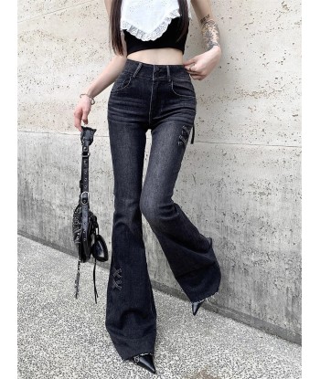 Gothic Flared Jeans with Bows and Raw Edge Hem pas cheres