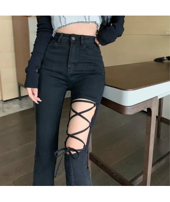 Black ripped trousers with lacing – E-Girl aesthetic destockage