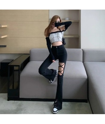 Black ripped trousers with lacing – E-Girl aesthetic destockage