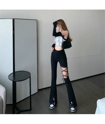 Black ripped trousers with lacing – E-Girl aesthetic destockage