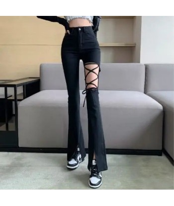 Black ripped trousers with lacing – E-Girl aesthetic destockage