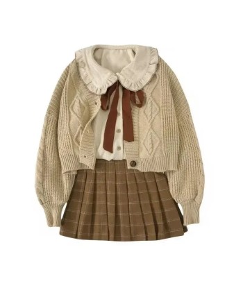 Light-Academia-Style Cardigan & Pleated Skirt Livraison rapide