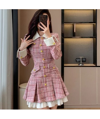 Ladies Tweed Mini Dress in Light Academia Style with Ruffles Paris Déstockage Promo