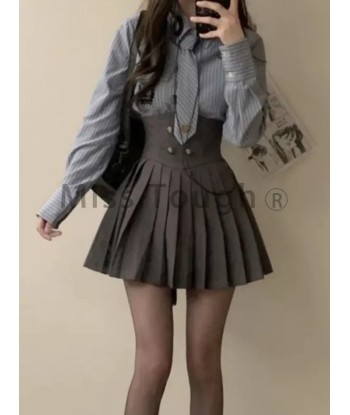 3-piece E-girl Rock Set: Short Coat, Pleated Skirt & Striped Shirt Par le système avancé 