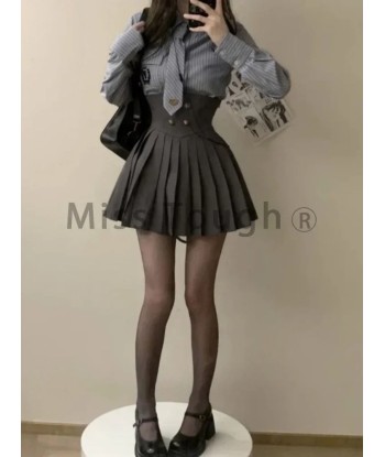 3-piece E-girl Rock Set: Short Coat, Pleated Skirt & Striped Shirt Par le système avancé 