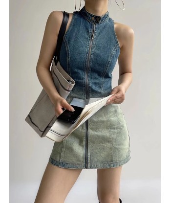 Sleeveless Grunge Denim Dress with Turtleneck and Zipper Véritable concentré