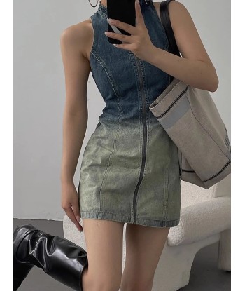 Sleeveless Grunge Denim Dress with Turtleneck and Zipper Véritable concentré